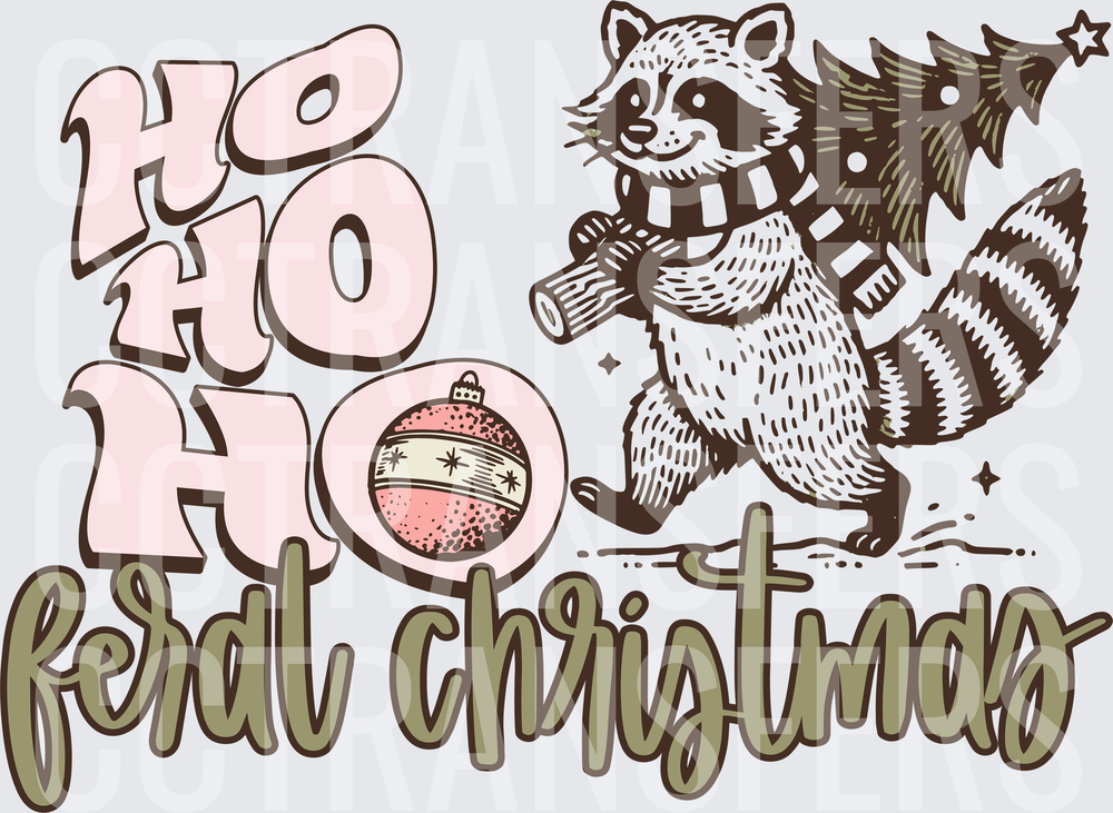 Ho Ho Ho Feral Christmas Raccoon Carrying Tree DTF