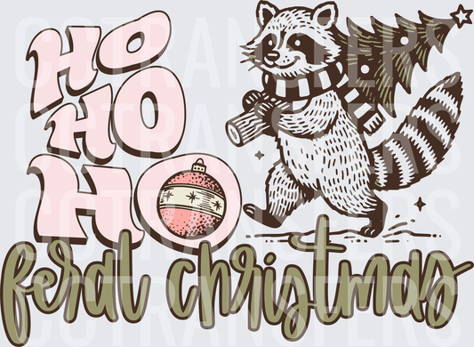 Ho Ho Ho Feral Christmas Raccoon Carrying Tree DTF