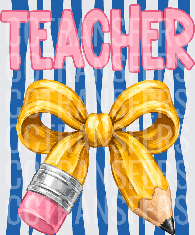 Teacher Gold Bow Pencil Blue Stripe Design (DTF)
