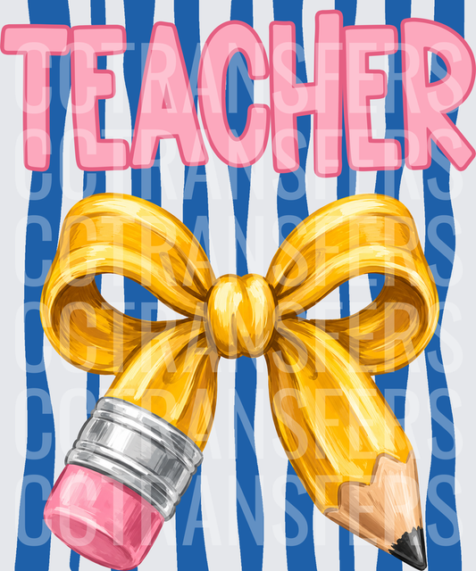Teacher Gold Bow Pencil Blue Stripe Design (DTF)