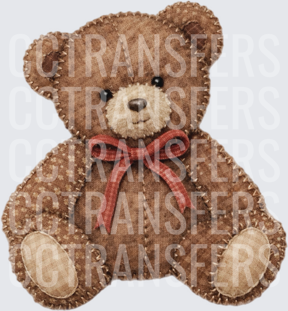 Patchwork Fabric Stitched Teddy Bear with Red Bow (DTF)