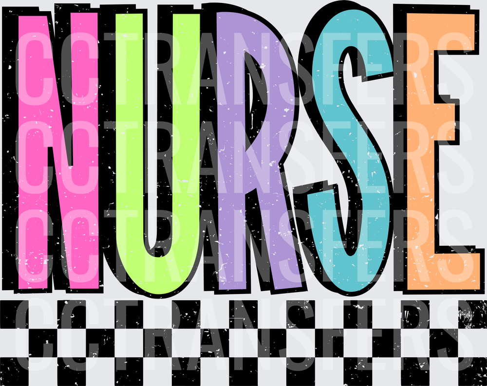 Retro Colorful NURSE Bold Letters Checkered (DTF)