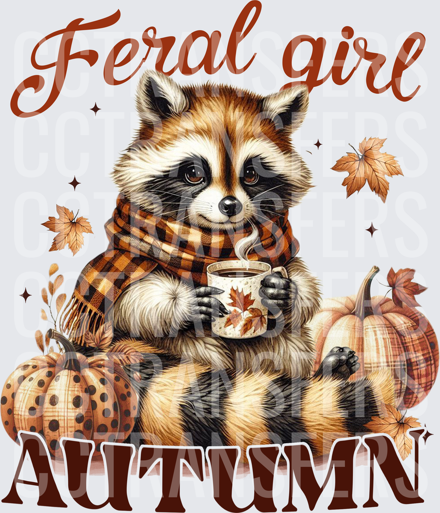 Feral Girl Autumn Raccoon with Coffee and Pumpkins (DTF)