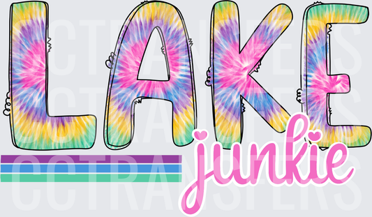 Tie Dye Lake Junkie Colorful Swirl Letter Design (DTF)