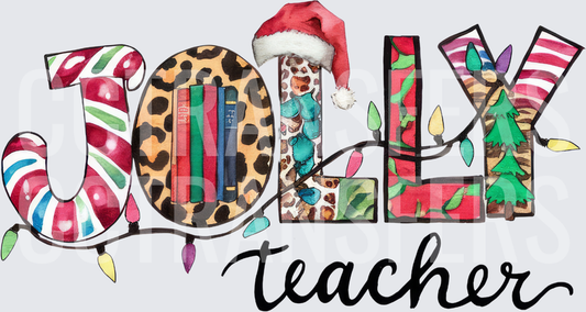 Jolly Teacher Christmas Lights Leopard Books Santa Hat (DTF)