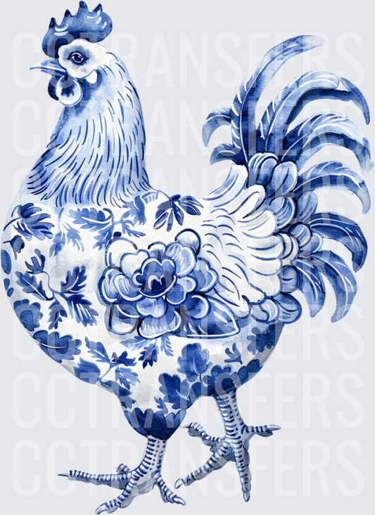Blue and White Floral Porcelain Rooster Watercolor (DTF)