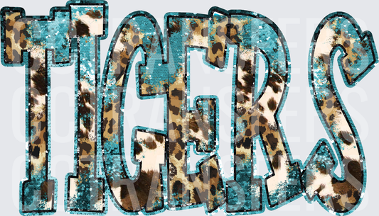 Tigers Teal Sequin Leopard Cowhide Bold Lettering (DTF)