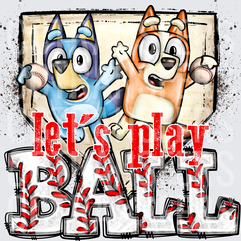 Let's Play Ball Blue & Orange Cartoon Dogs Baseball (DTF)