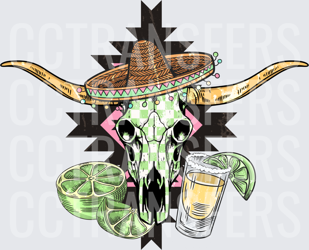 Longhorn Skull Sombrero Tequila Shot Lime Aztec (DTF)