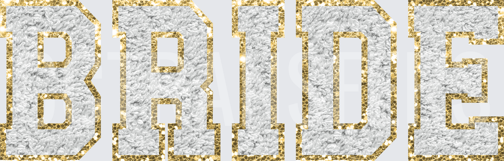 White Chenille Varsity Letter BRIDE Gold Glitter (DTF)