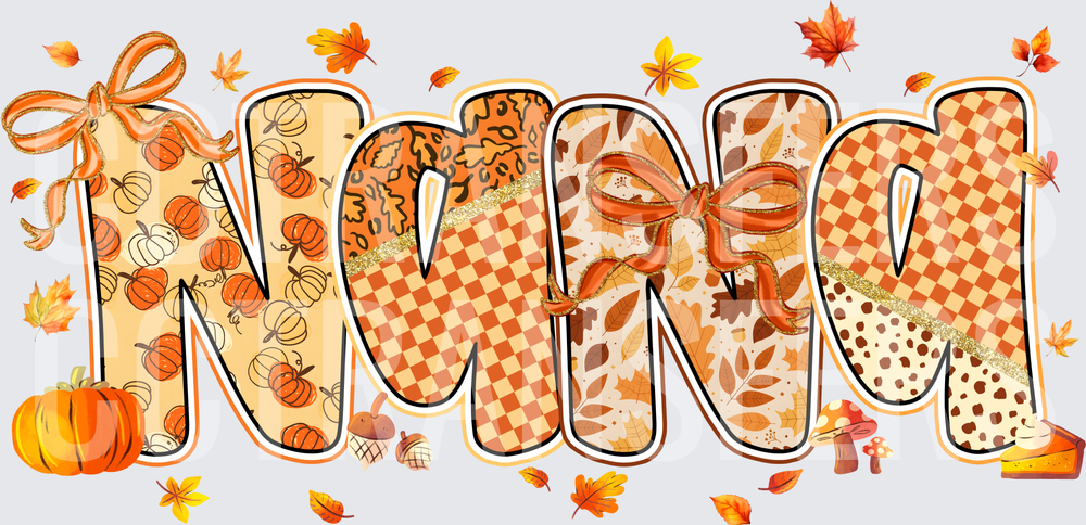 Nana Fall Pumpkin Leopard Checkered Bow Autumn Leaves (DTF)