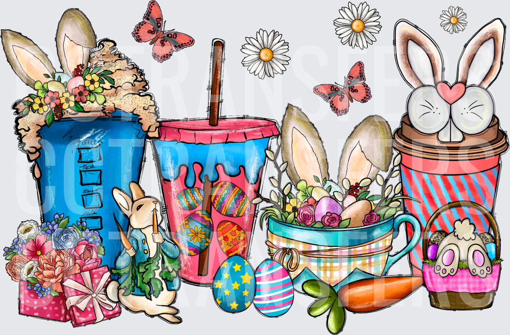 Easter Bunny Coffee Cups Eggs Flowers Spring Cluster (DTF)