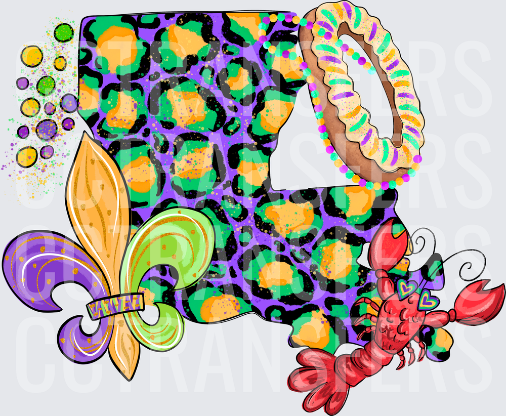 Mardi Gras Louisiana Leopard Print Fleur De Lis Crawfish (DTF)