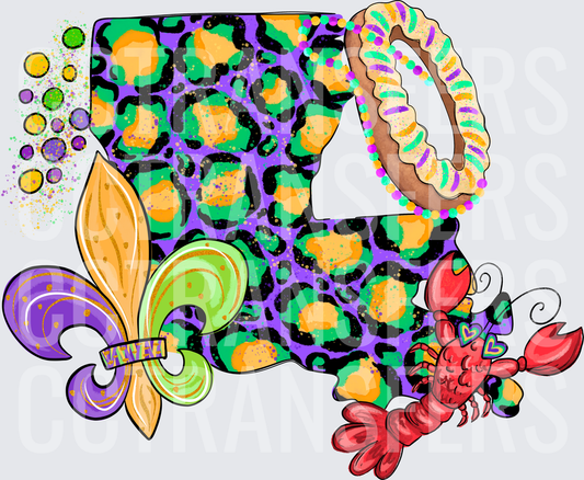 Mardi Gras Louisiana Leopard Print Fleur De Lis Crawfish (DTF)