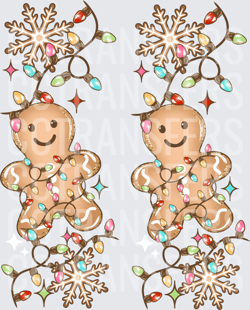 Cute Gingerbread Man Wrapped in Christmas Lights Snowflakes (DTF)