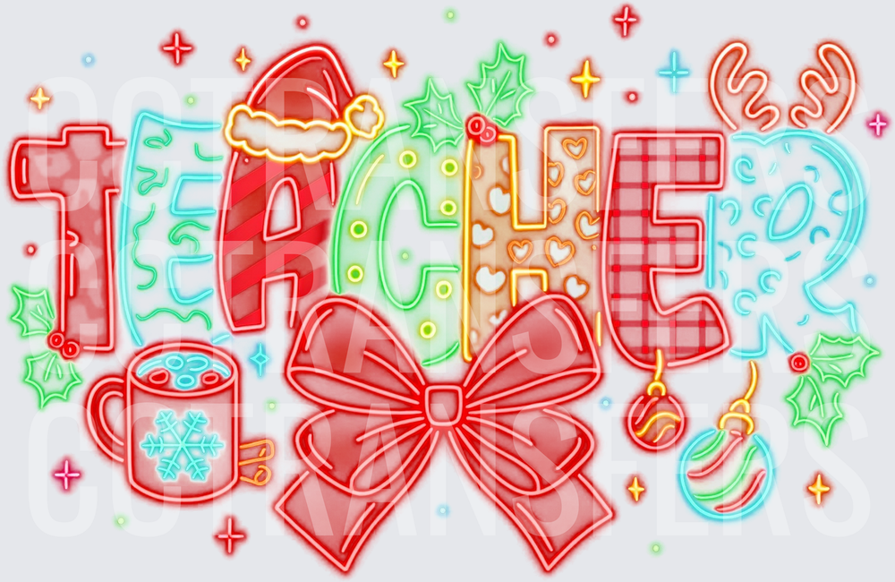 Christmas Teacher Neon Doodle Holiday Bow Design (DTF)