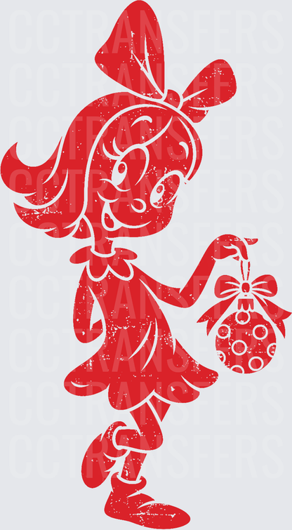 Red Distressed Little Girl Holding Christmas Ornament (DTF)
