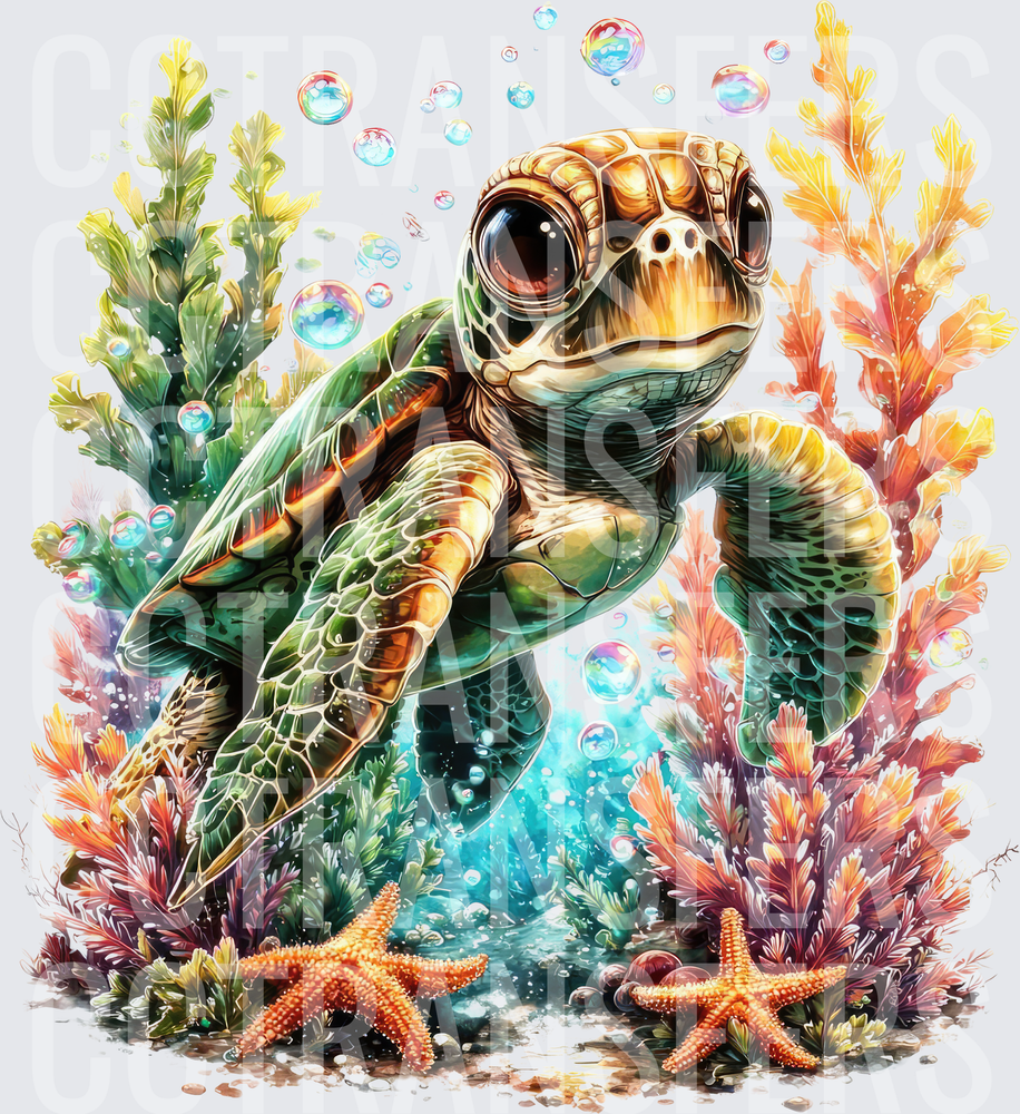 Cute Baby Sea Turtle Coral Reef Starfish Bubbles (DTF)