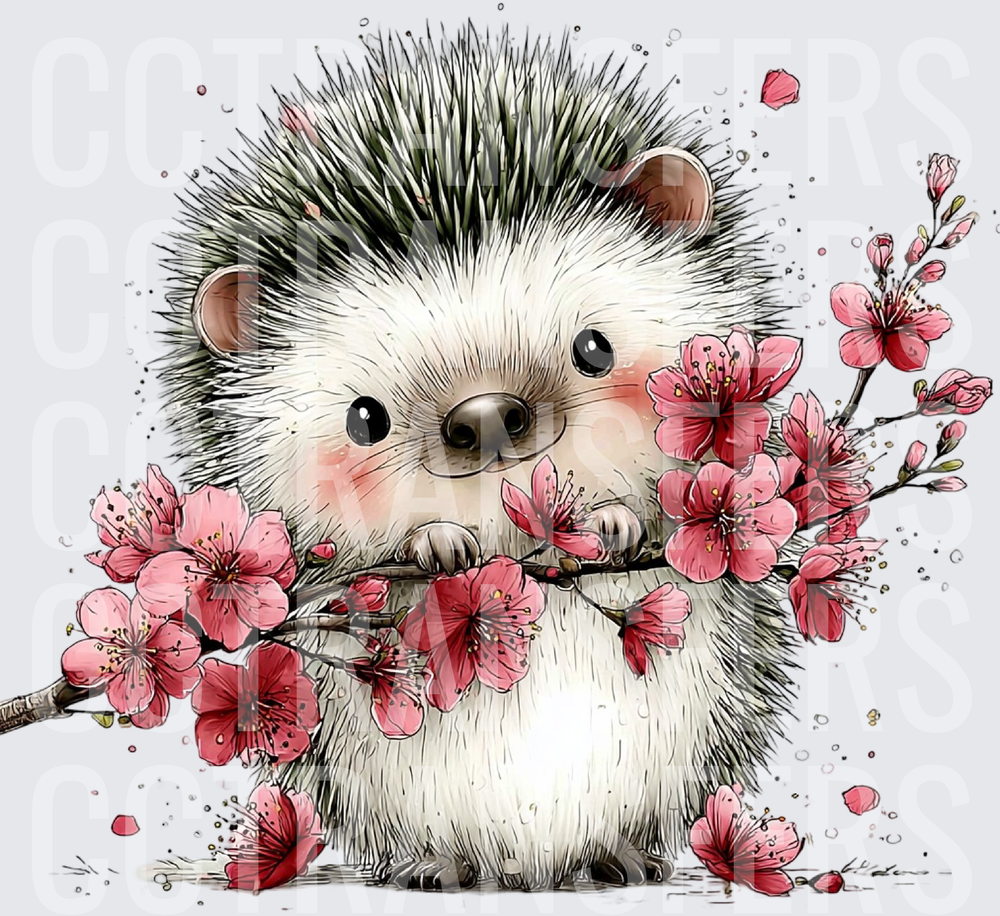 Cute Hedgehog Holding Pink Cherry Blossom Branch (DTF)