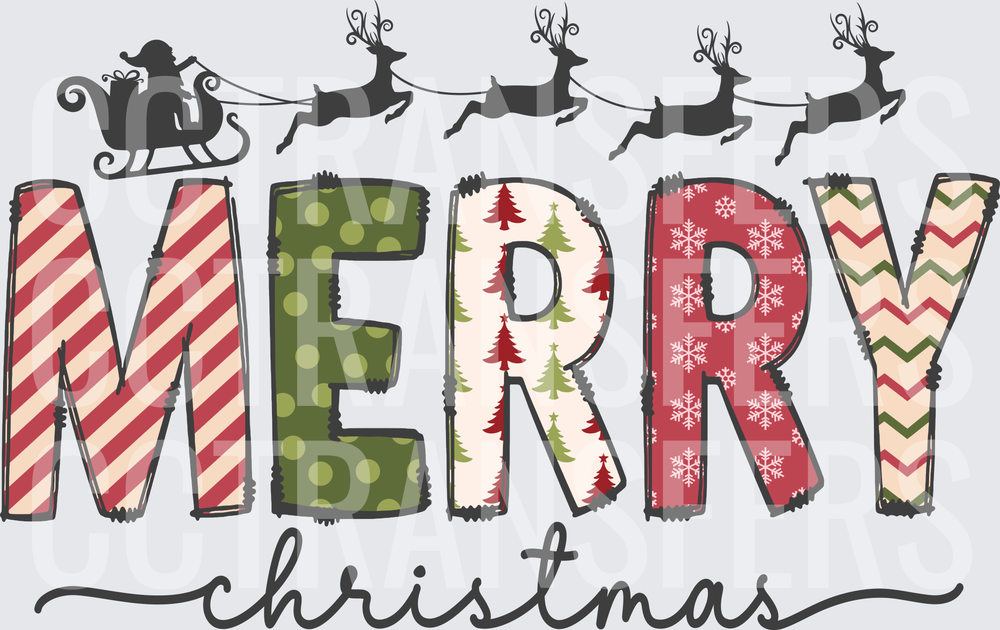 Merry Christmas Patchwork Letters Santa Sleigh Reindeer (DTF)