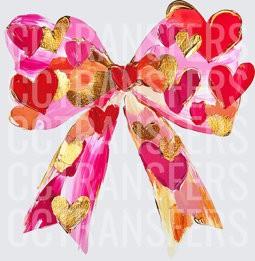 Painted Pink Bow Red Gold Hearts Valentine (DTF)