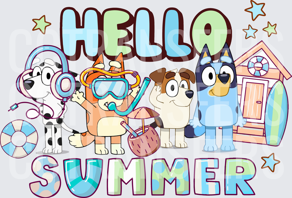Hello Summer Cartoon Dogs Beach Scene (DTF)