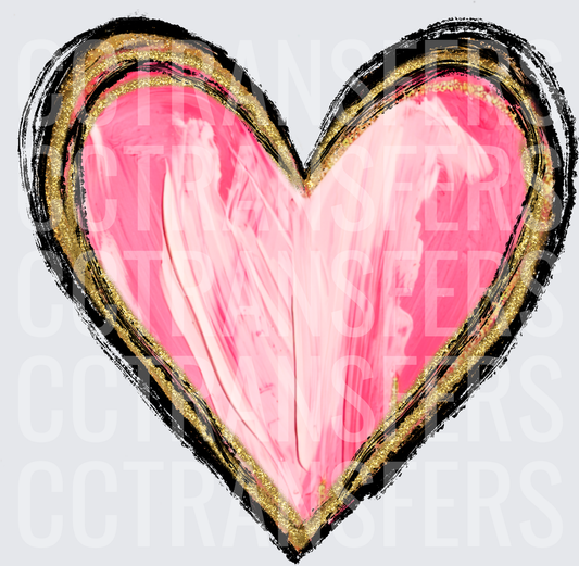 Pink Painted Heart with Gold Glitter and Black Outline (DTF)