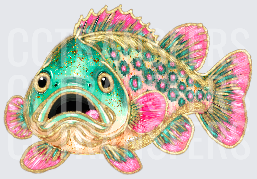 Colorful Glitter Bass Fish with Pink and Teal Spots (DTF)