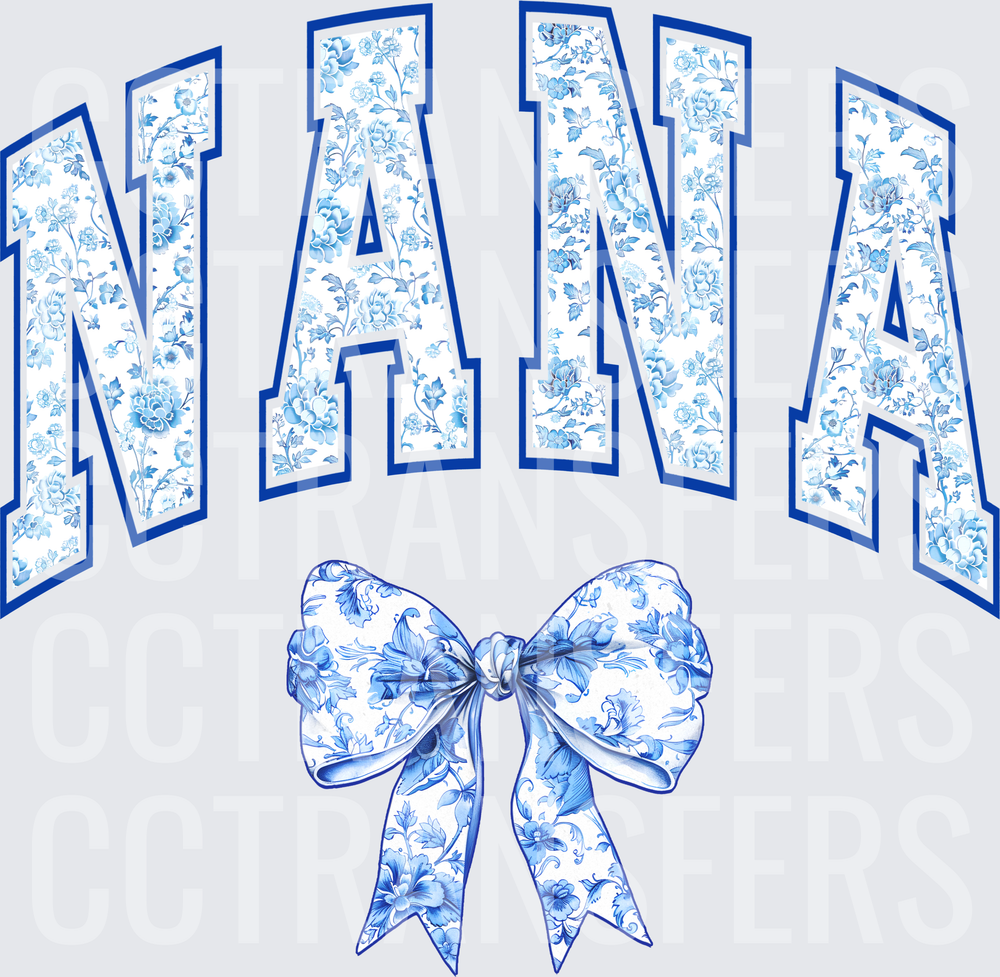 Nana Blue Floral Varsity Letters with Bow (DTF)