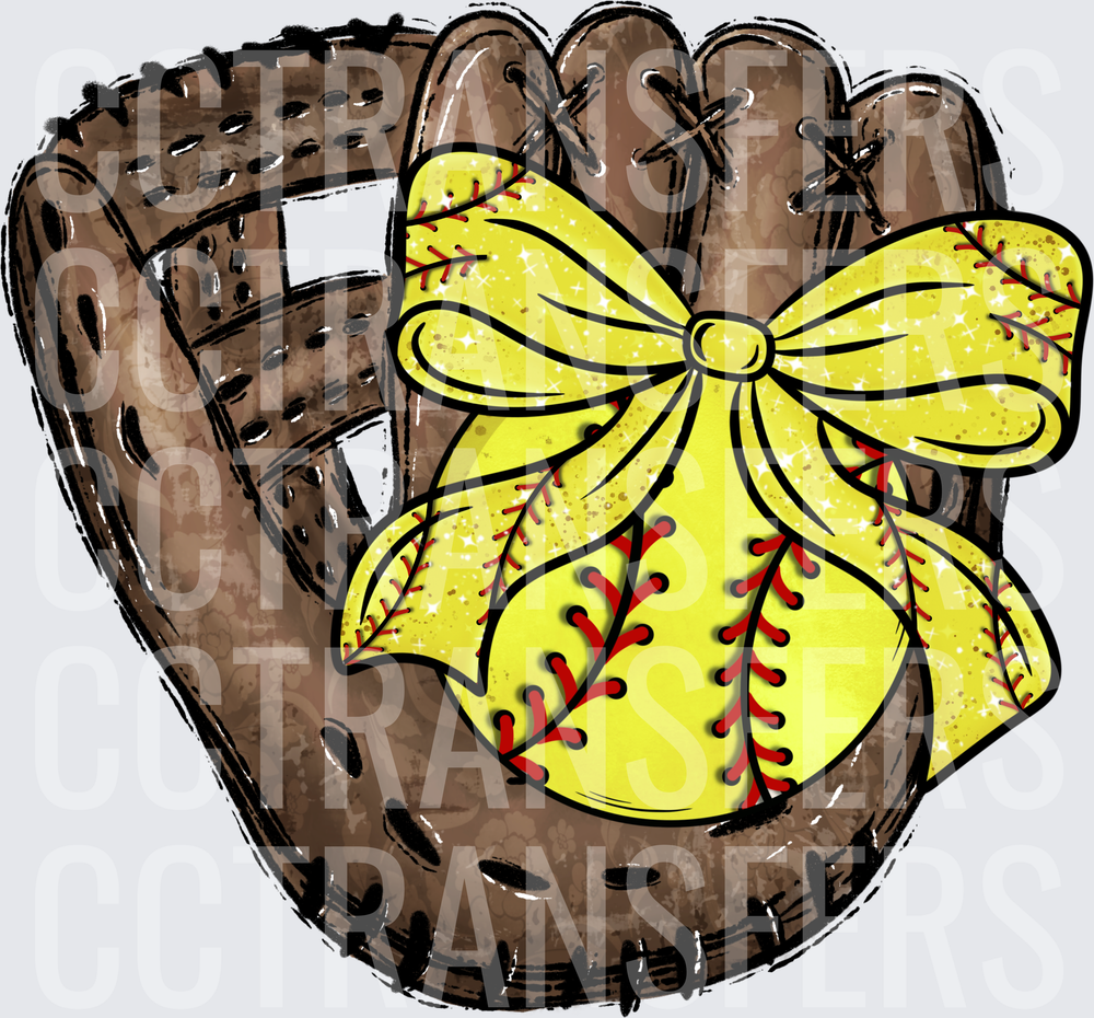 Softball Glove with Yellow Glitter Bow (DTF)