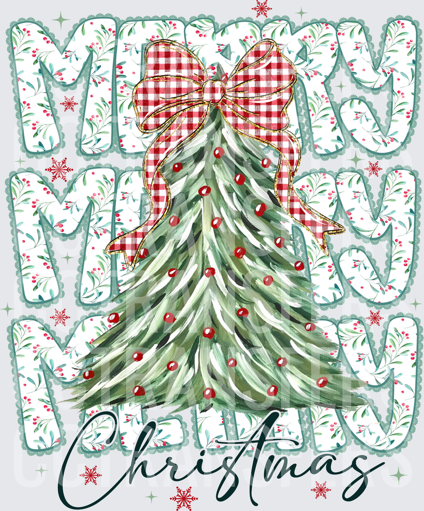 Merry Christmas Floral Tree Red Plaid Bow Holiday (DTF)