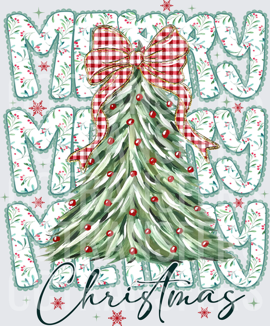 Merry Christmas Floral Tree Red Plaid Bow Holiday (DTF)