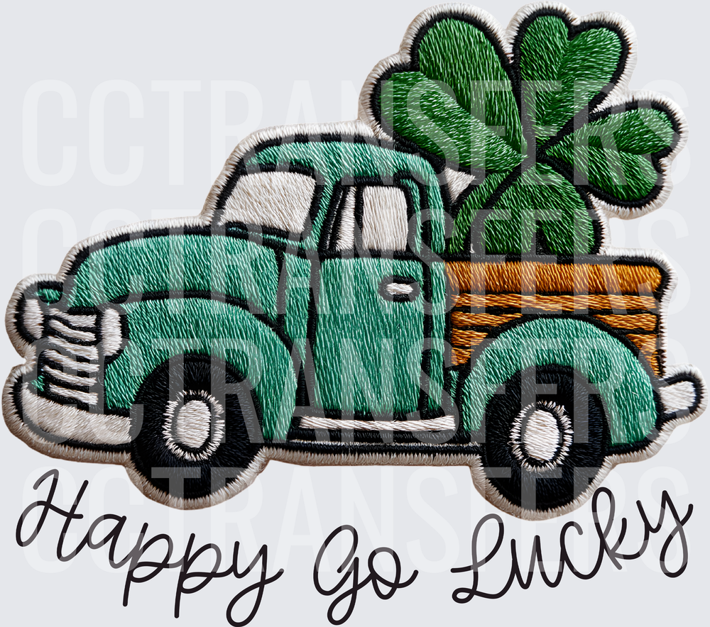 Happy Go Lucky Vintage Green Truck Shamrock Embroidery (DTF)