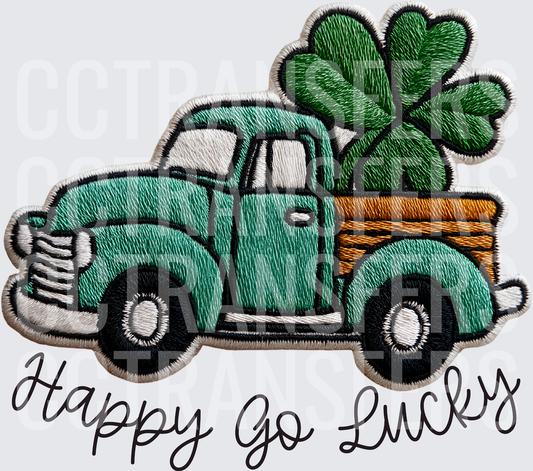 Happy Go Lucky Vintage Green Truck Shamrock Embroidery (DTF)