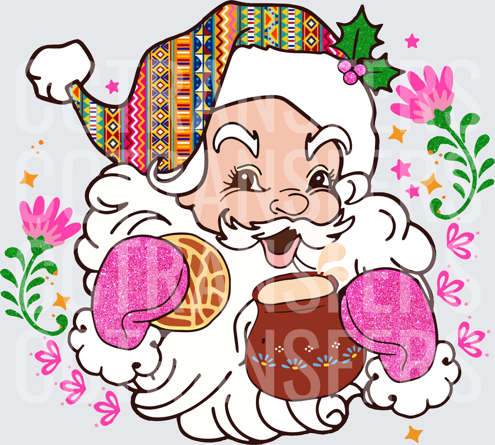 Fiesta Santa with Serape Hat Holding Pan Dulce and Talavera Mug (DTF)