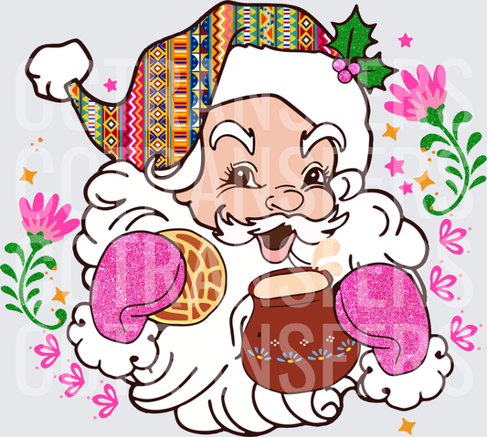 Fiesta Santa with Serape Hat Holding Pan Dulce and Talavera Mug (DTF)