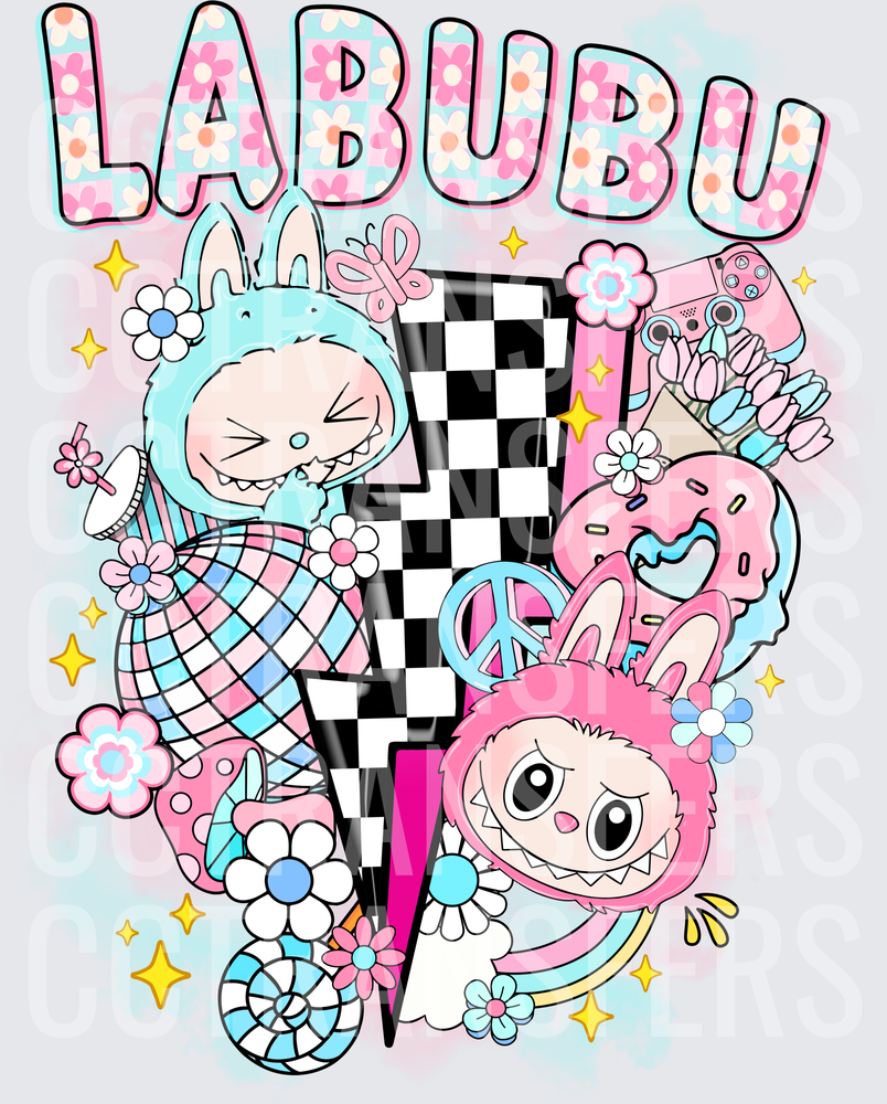 Labubu Cute Bunny Monster Checkered Lightning Bolt Floral (DTF)