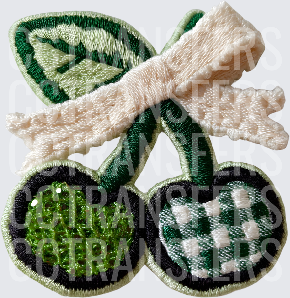 Green Cherries with Bow Embroidered Patch Design (DTF)