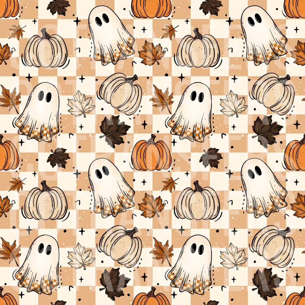 Boho Checker Halloween Ghosts Pumpkins Autumn Leaves (DTF)
