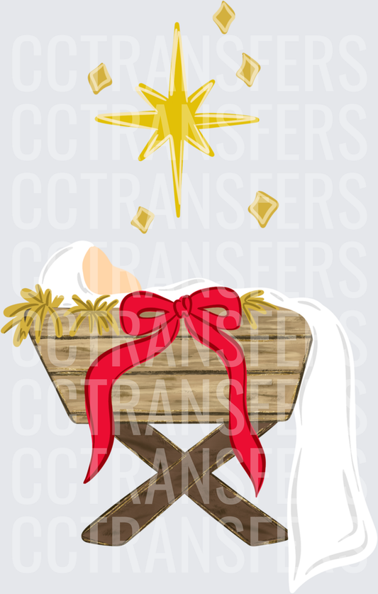 Baby Jesus Manger Star of Bethlehem Red Bow Christmas (DTF)