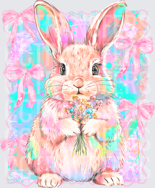Pastel Bunny Holding Wildflowers Pink Bows Splash (DTF)