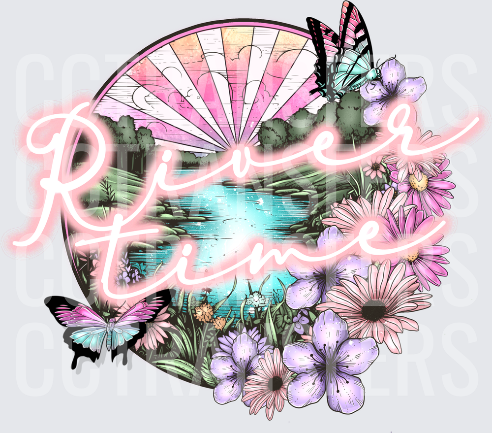 River Time Scenic Circle Floral Butterfly Design (DTF)