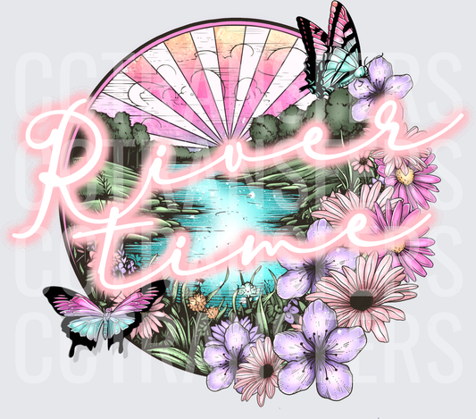 River Time Scenic Circle Floral Butterfly Design (DTF)