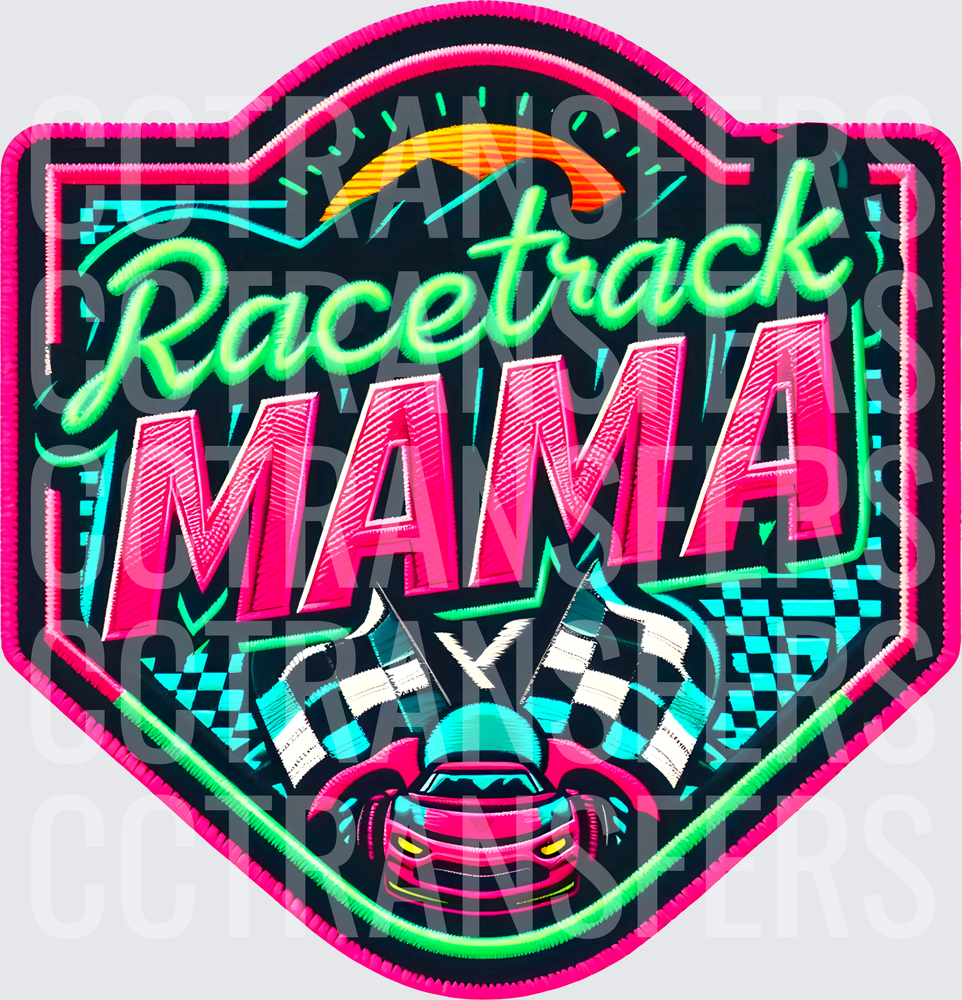 Racetrack Mama Neon Racing Car Checkered Flag Badge (DTF)