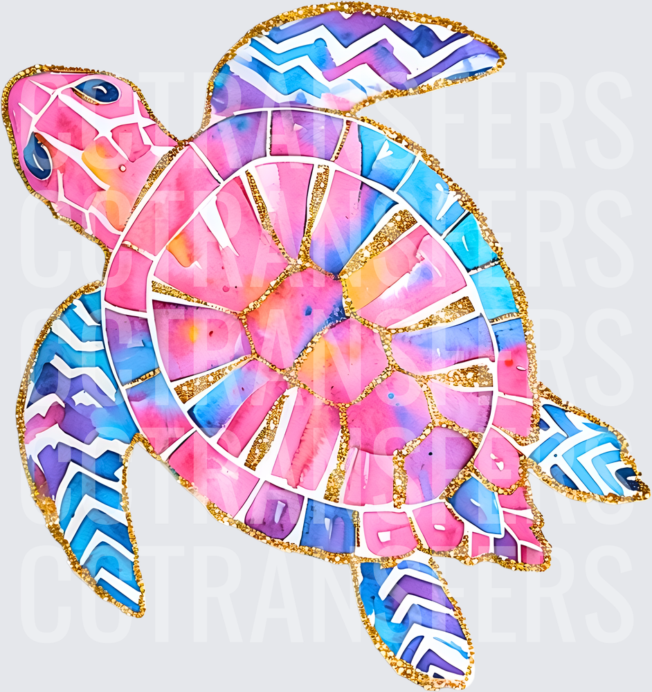 Colorful Watercolor Sea Turtle with Gold Mosaic Shell (DTF)