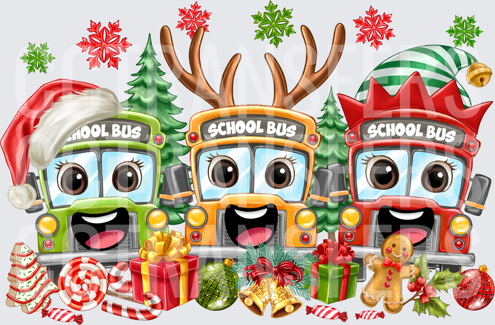 Cute Christmas School Bus Trio Santa Reindeer Elf (DTF)