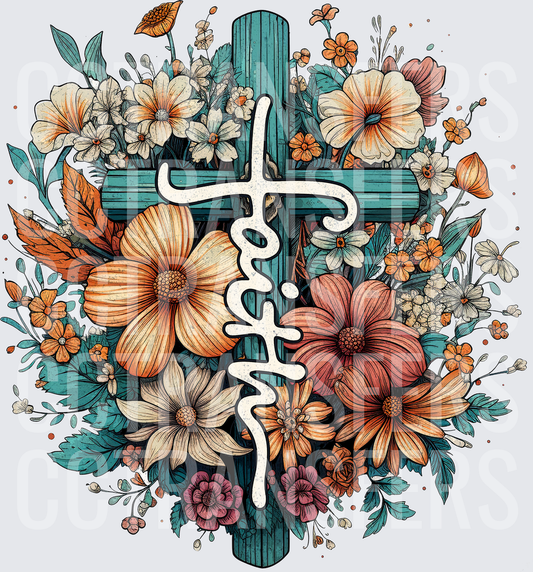 Teal Wooden Cross Floral Bouquet Faith Script (DTF)