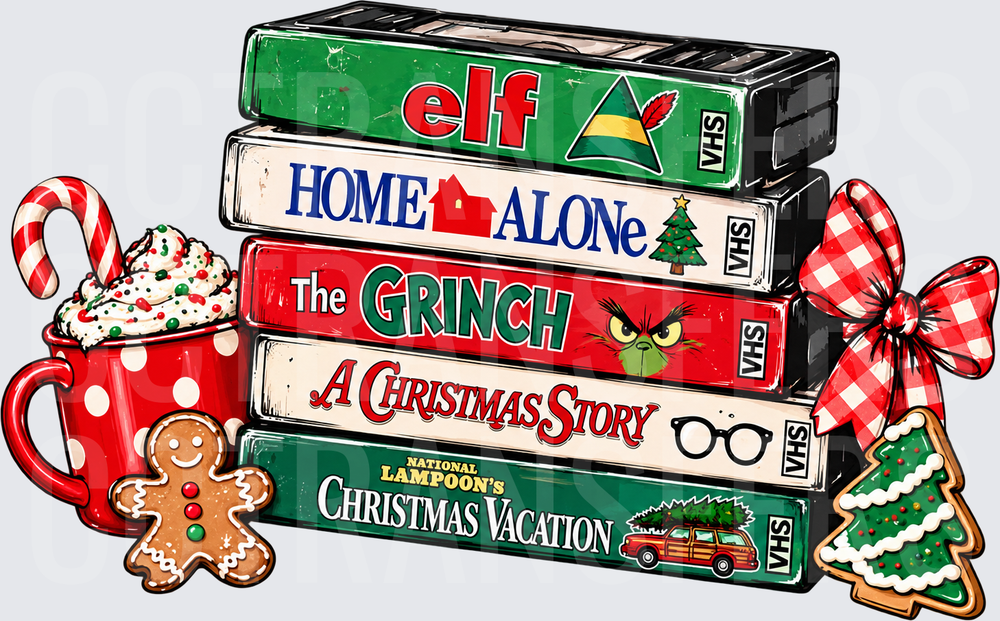 Stacked Christmas Movie VHS Tapes with Holiday Treats (DTF)