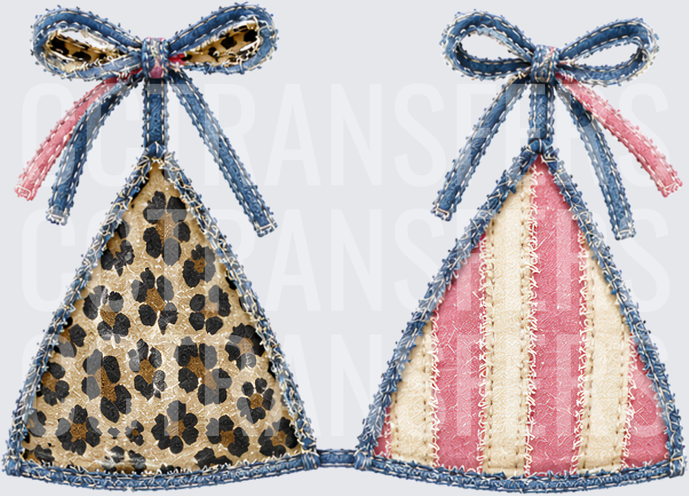 Patchwork Denim Bikini Top Leopard Pink Stripe Bow (DTF)