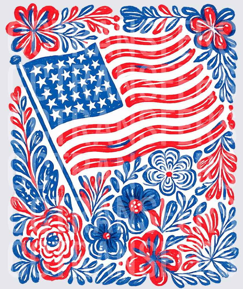 Patriotic American Flag Floral Folk Art Red Blue (DTF)